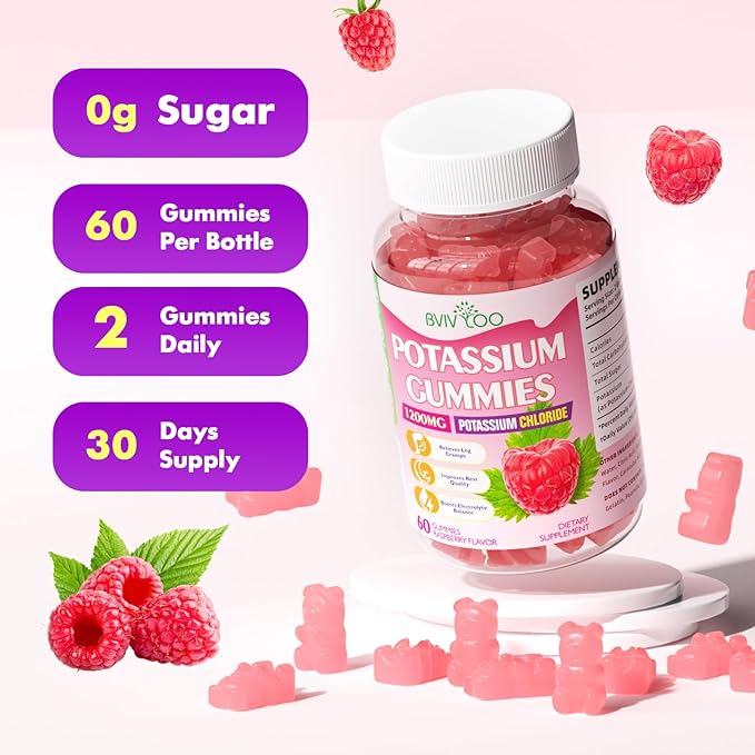 Potassium Gummies for Adults with 1200mg Potassium Chloride - Supports Muscle Health & Leg Cramps, Raspberry Flavor, 120 Count