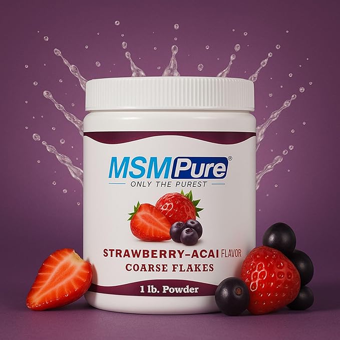 KALA HEALTH MSMPure Strawberry Acai Flavored Coarse MSM Powder Flakes – US-Made MSM for Joint Health, Skin Appearance, and Hair & Nail Support – 1 lb, Organic Sulfur