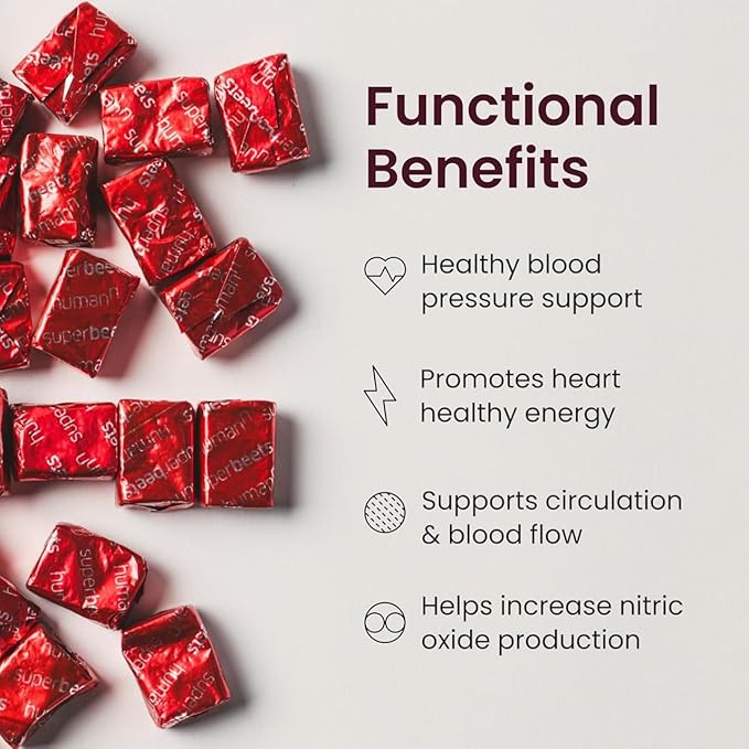 Beet Root Heart Chews, Nitric Oxide and Blood Pressure Support, Grape Seed Extract & Non-GMO Beet Root Powder Energy Supplement, Pomegranate Berry Flavor, 60 Count