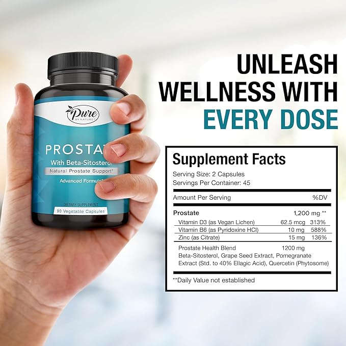 Pure By Nature Prostate Supplement for Men, Beta Sitosterol Prostate Health Supplement with Zinc for Urinary Tract Support, Ease Frequent Urination & Improved Sleep, Gluten-Free, Non-GMO 90 Capsules