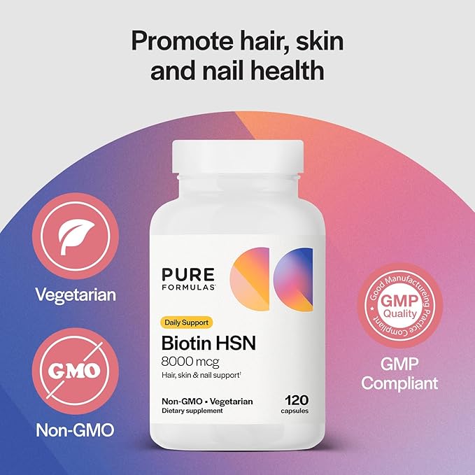 PureFormulas Biotin 8000 mcg Hair Skin Nails Biotin Supplement Biotina, Biotin Hair Growth Vitamins B7 Supplement for Women & Men 120 Capsules