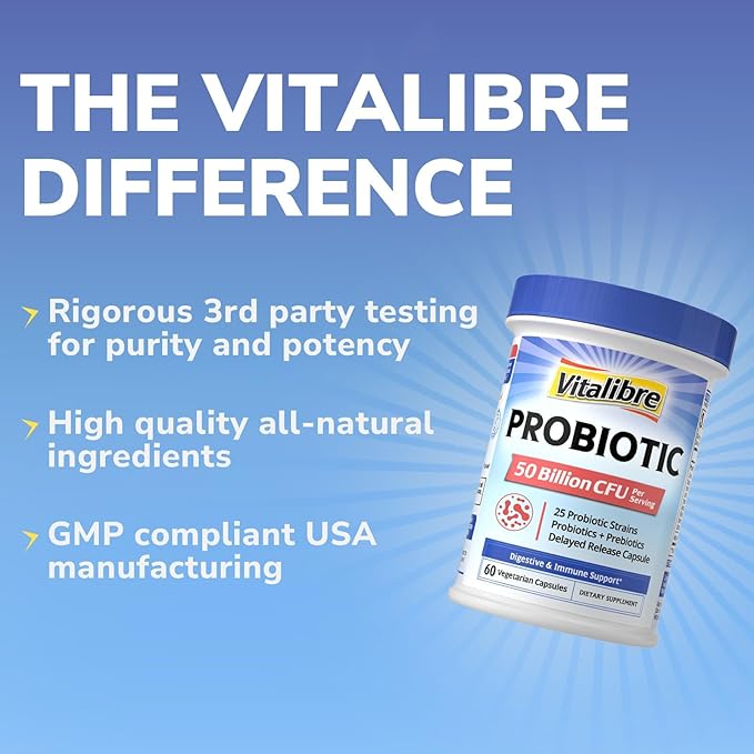 Vitalibre Probiotic for Women and Men, 50 Billion CFU, 25 Diverse Strains Plus Prebiotics, for Digestive Health & Immune Support, Delayed Release, No Refrigeration Needed, 60 Veggie Capsules