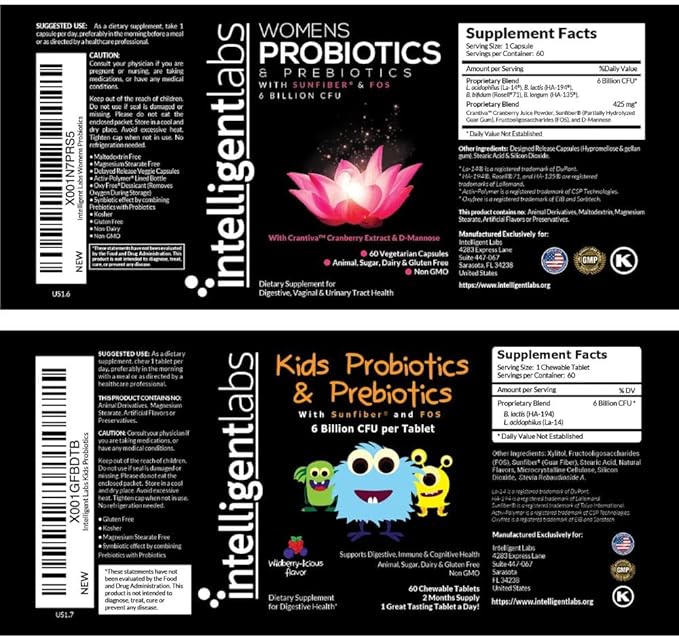 Intelligent Labs 2-in-1 Bundle of Kids’ Probiotics with Hydrolyzed Guar Gum and FOS + Women’s Probiotics (UTI Formula with Cranberry & D-Mannose), No Refrigeration Required, 2 Months Supply Per Bottle