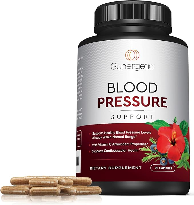 Sunergetic Premium Blood Pressure Support Supplement for Cardiovascular & Heart Health with Garlic, Hawthorn & Hibiscus (90 Capsules)