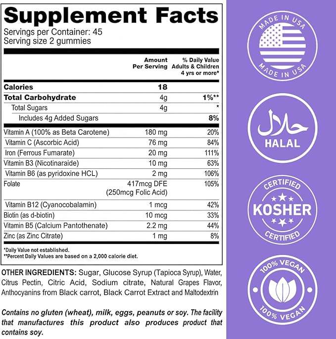 LIVS Iron Plus Gummies – 20mg Gentle Iron Supplement for Women & Men – Anemia Support – Vitamin C for Absorption – Biotin, Folate & B12 for Energy – Gluten Free, Vegan, Halal & Kosher – 90 Count