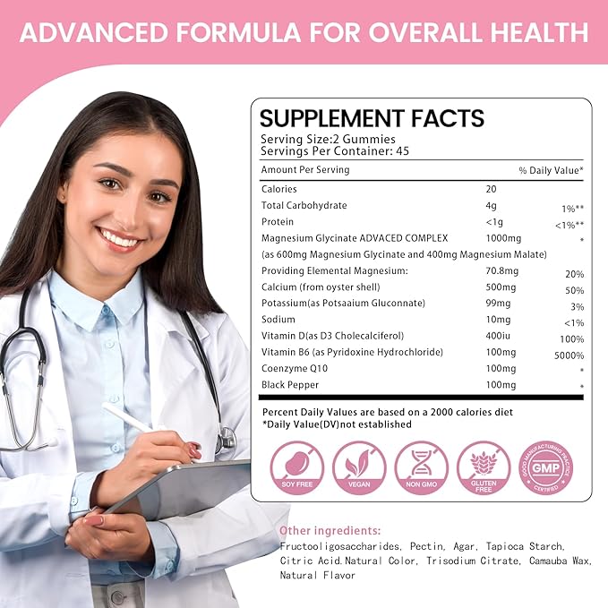 Magnesium Glycinate Gummies 1000mg, High Absorption Sugar Free Magnesium Potassium Supplement for Relaxation, Stress Relief, and Sleep Support for Adults & Kids - 180 Peach Gummies