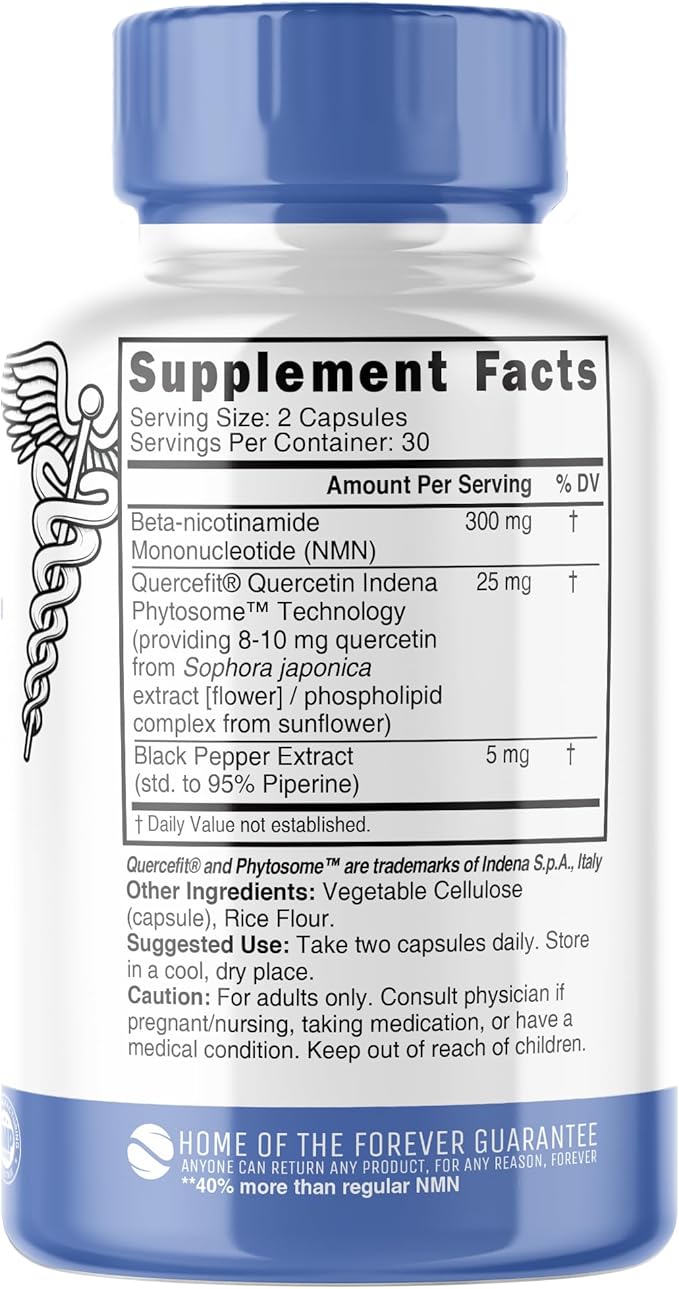 Nutri NMN Supplement 300mg NAD Supplement - Ultra High Absorption Stabilized NMN Nicotinamide Mononucleotide, 40% More NAD+ with Quercetin Phytosome & Black Pepper - mnm Supplement (60 Capsules)