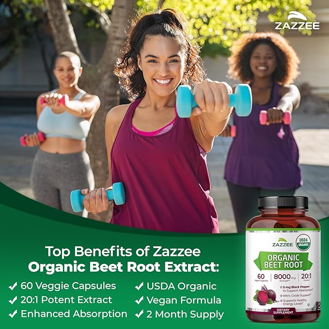 Zazzee USDA Organic Beet Root 20:1 Extract, 60 Vegan Quick Release Capsules, 2 Month Supply, Nitric Oxide Support, Black Pepper Extract for Enhanced Absorption, Certified Kosher, Non-GMO, Made in USA