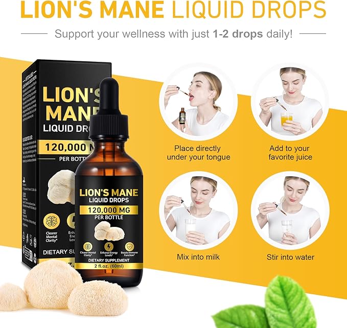2-Pack Lions ManeMushroom Drops – Brain Supplement 120,000 MG, Memory Focus & Immunity Vitamins, Plant Extract 4 Oz