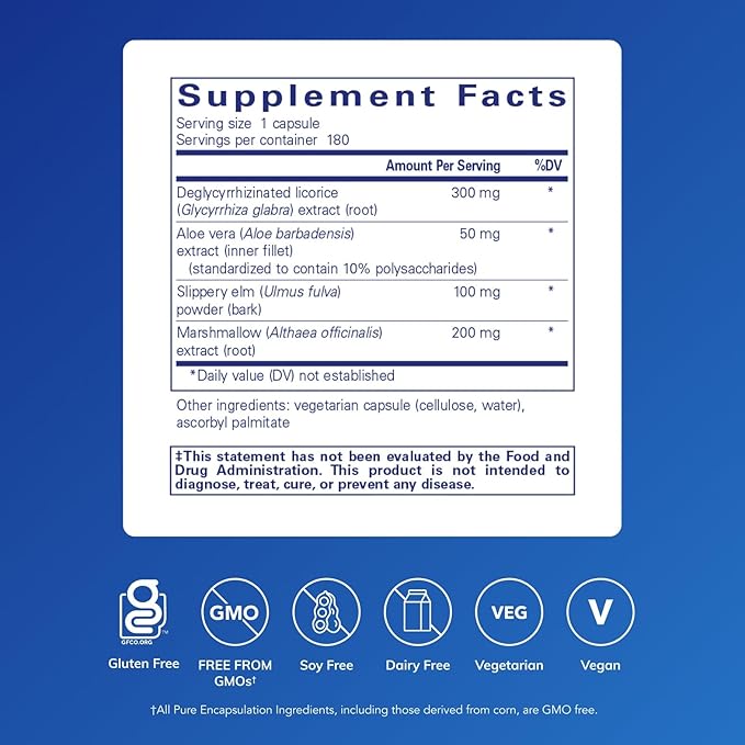 Pure Encapsulations DGL Plus - Gut Health Supplements for Men & Women - with Marshmallow Root, Aloe Vera Extract & Slippery Elm Bark - Non-GMO & Vegan - 180 Capsules