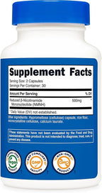 Nutricost NMNH Supplement (500mg) 60 Capsules - Reduced β-Nicotinamide Mononucleotide, Vegan, GMO-Free, Gluten-Free, 30 Servings