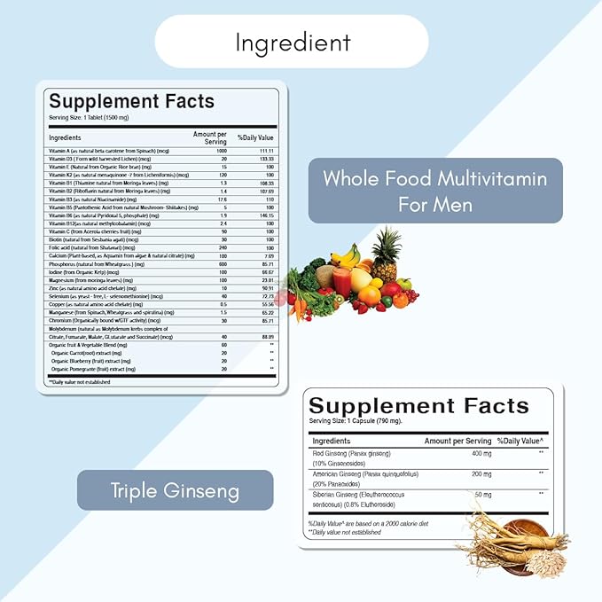 Pure Nutrition Whole Food Multivitamin for Men and Triple Ginseng 790mg form a powerful combo to support support energy, strength and overall wellness. Multivitamin for men 60 Tabs + Triple Ginseng 12