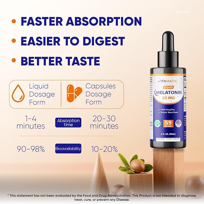 Vitamatic Melatonin 20mg Liquid Drops – 2 Fluid Ounce (59ml) – Natural Berry Flavor – for Adults – Non-GMO – Vegetarian Supplement