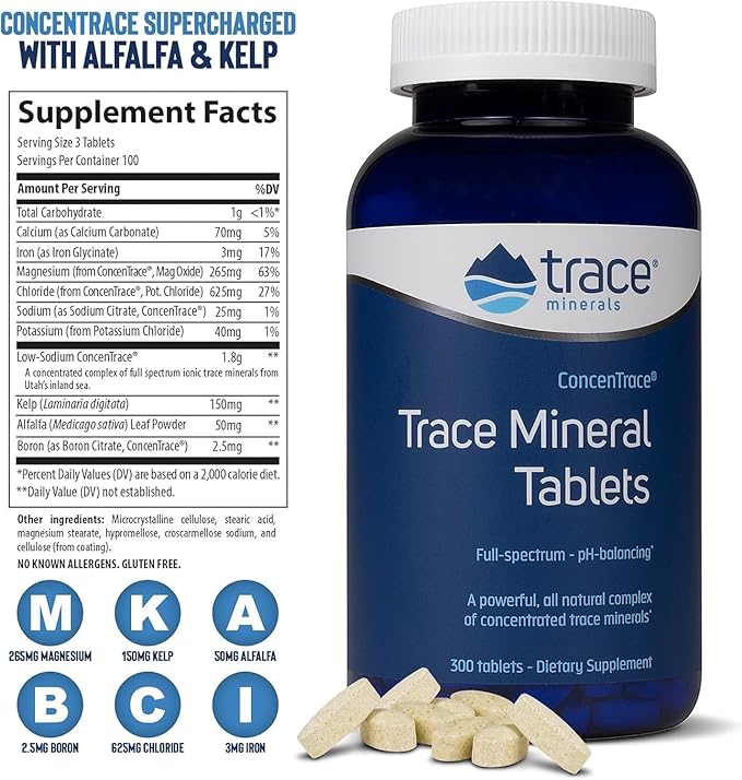 Trace Minerals ConcenTrace Trace Minerals Tablets - Daily Supplement for Overall Wellness - Natural Energy, Bone Strength, Healthy Connective Tissue & Immune System Support - 300 Count (100 Servings)