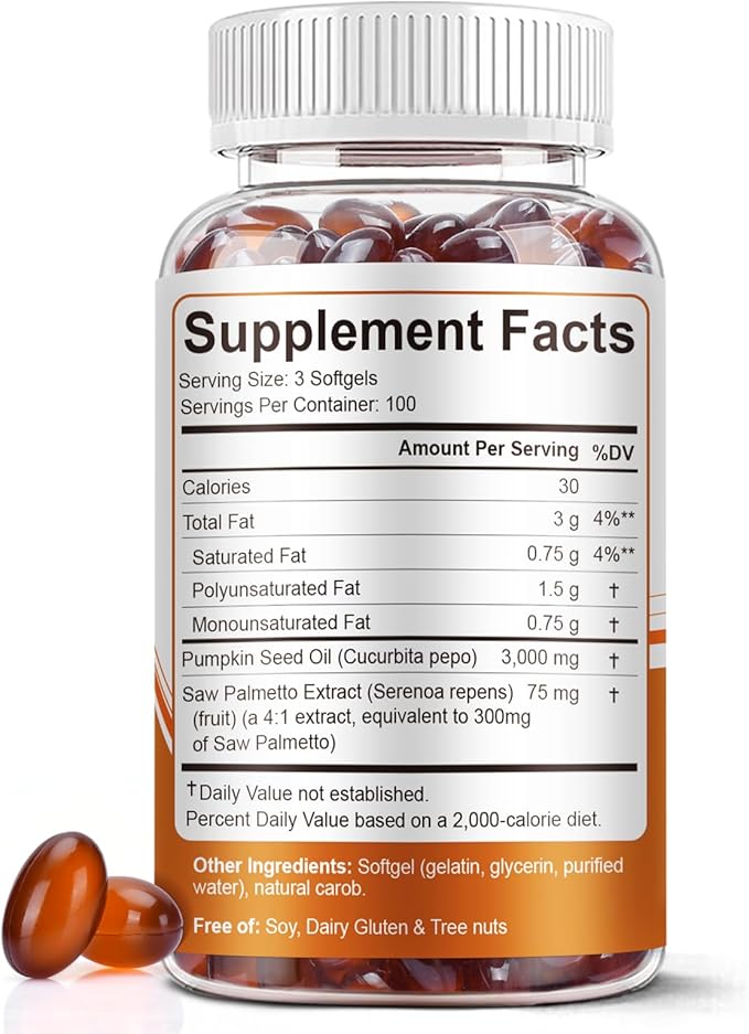 Pumpkin Seed Oil with Saw Palmetto Capsules, 3000mg/serving, 300/600 Softgels | Cold Pressed, Pure Virgin Oil, Essential Fatty Acids & Phytosterols | Supports Hair, Urinary, Bladder & Prostate Health