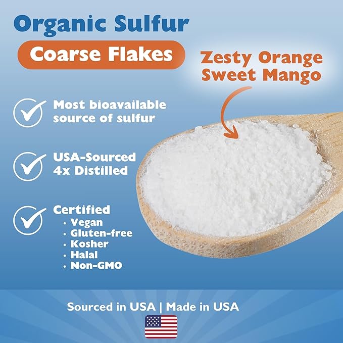 KALA HEALTH MSMPure Orange Mango Flavored Coarse MSM Powder Flakes – US-Made MSM for Joint Health, Skin Appearance, and Hair & Nail Support – 1 lb, Organic Sulfur