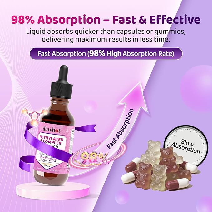 duwhot Women Methylated B-Complex Liquid Drops, Active B Vitamins B1 B2 B6 B9 (5-MTHF) & B12 1000 mcg, Vitamin C, Magnesium, Inositol, Choline & Herbal Blend for Energy, Stress Support, 2 Fl Oz