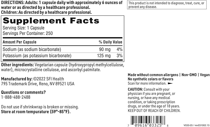 SFI Health Sodium Bicarbonate & Potassium Bicarbonate Supplement - Key Components Help Maintain Healthy pH (Acid/Base) Balance - Gastrointestinal Support - Bi-Carb Formula (250 Capsules)
