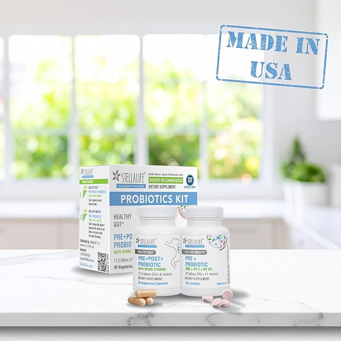StellaLife Probiotics Oral & Gut Prebiotics Post Probiotics Kit: 44.5B CFU, 11 Oral & 6 Gut Spore strains for Digestive & Dental Health, Bad Breath Treatment, Tongue Hygiene, Strawberry Flavor, 30-day