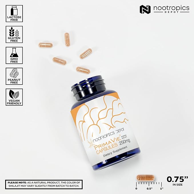 Nootropics Depot PrimaVie Shilajit Capsules | 250mg | 90 Count | Purified Extract | Ayurvedic Herb | Supports Mitochondrial Function + Boosts Endurance