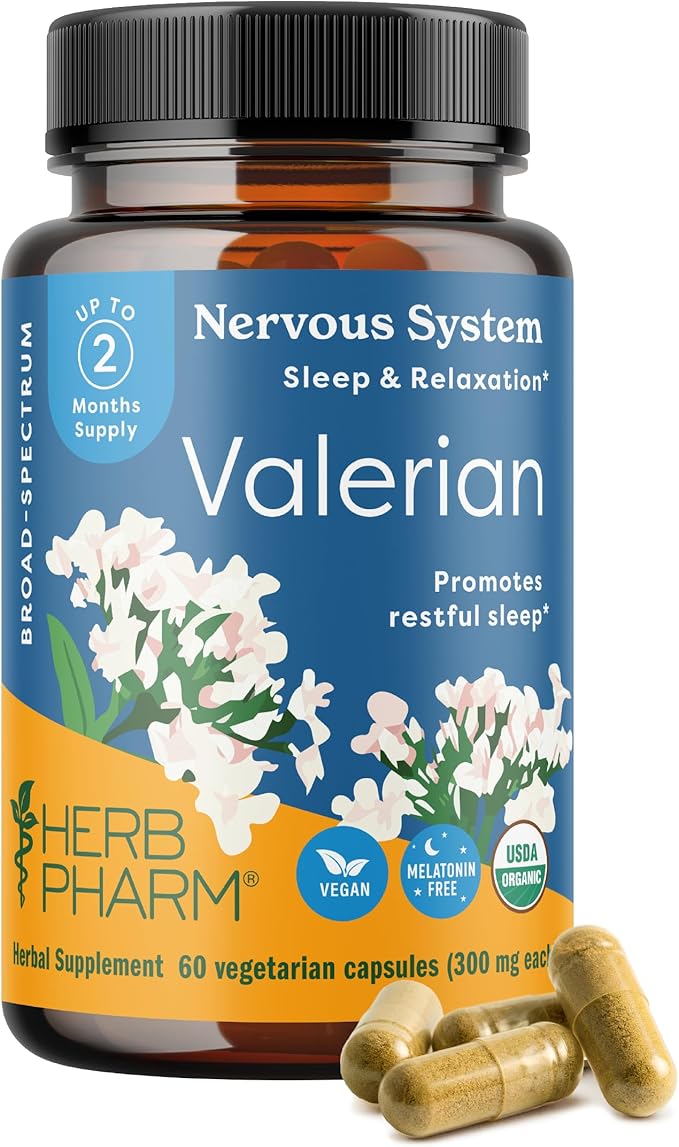 Herb Pharm Valerian Root Sleep Support Capsules: Certified Organic Sleep Aid for Adults Valeriana Extract for Relaxation, Non-Bitter, Melatonin Free, Vegan, ~30-60 Day Supply, 60 Capsules*