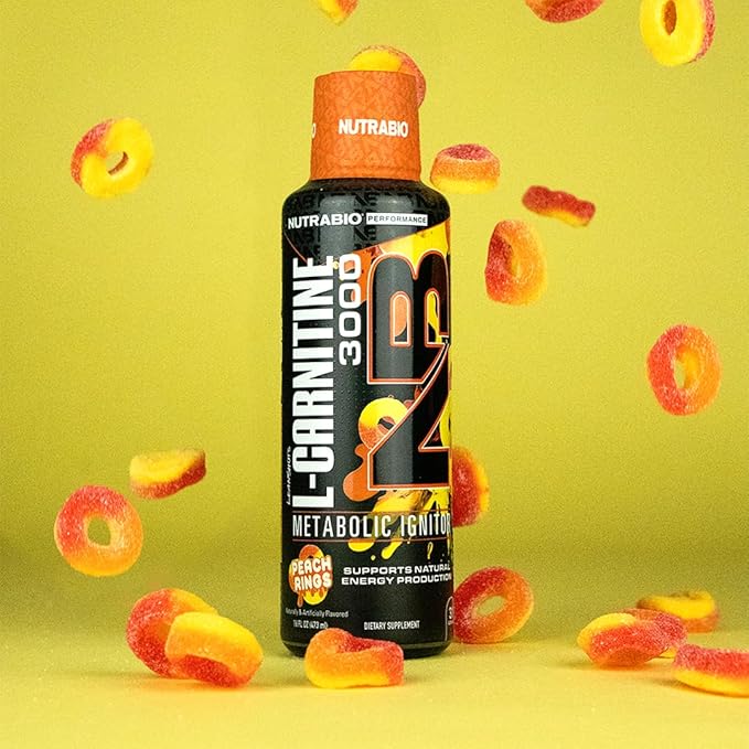 NutraBio – L-Carnitine Liquid Shots – 3000mg, (Peach Rings) – 10mg of Vitamin B-5 – Zero Carbs & Sugars – Energy Production – Muscle Recovery