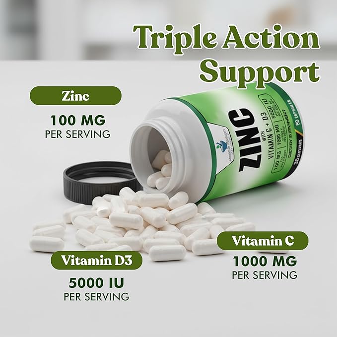 American Standard Supplements Zinc 100mg, Vitamin C 1000mg, and Vitamin D3 5000 IU (125mcg) Per Serving - Gluten Free, Non-GMO, 60 Capsules, 30 Servings