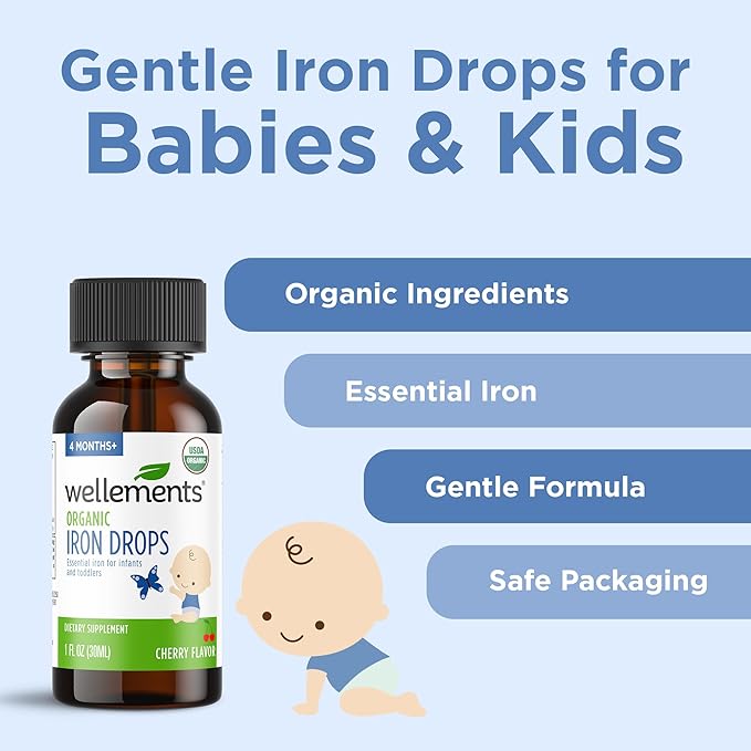 Wellements Organic Iron Drops for Newborn+ Babies (1 Fl Oz) - Cherry Flavor Liquid Iron Supplement for Infants - Toddler Iron Supplement for Kids (4months+ to 3 Years) - Supports Growth & Development*