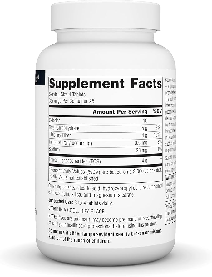 Source Naturals FOS 1000 mg Fructooligosaccharides Probiotic Enhancer - 100 Tablets