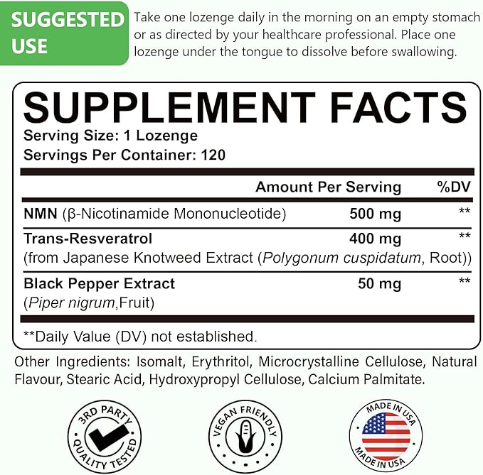Sublingual NMN 500mg + Trans-Resveratrol 400mg, 3-in-1 Advanced Formula 99% Pure NMN Resveratrol Supplement for Boost* NAD, Cell, Immune, Energy & Muscle, Anti-Aging, 240 Lozenges, 240-Day Supply