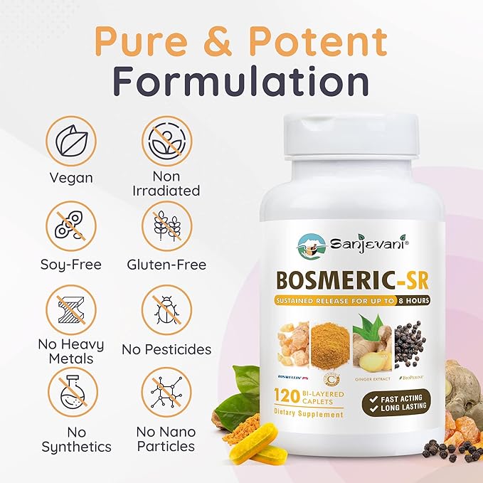 Joint Immune Support Supplement, Patented Blend Turmeric Curcumin C3 Complex with Black Pepper, Boswellia PS Extract & Ginger, Fast-Acting 20 minutes, 8-Hour Sustained Release, 120 Caplets - Sanjevani