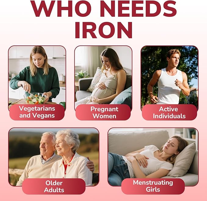Iron Supplement for Women & Men, 65 mg, Ferrous Sulfate, Vitamin C, D3, B6, B12, Folate, Beet Root, Spinach, Pumpkin Seeds, Nettle, for Red Blood Cell & Energy Production, 90 Tablets
