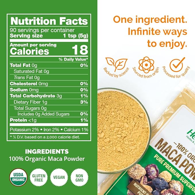 HerbaZest Maca Powder Organic – 1 LB – USDA Certified, Vegan & Gluten Free Superfood – Perfect for Smoothies, Juices, Baking, Yogurt & Cereal