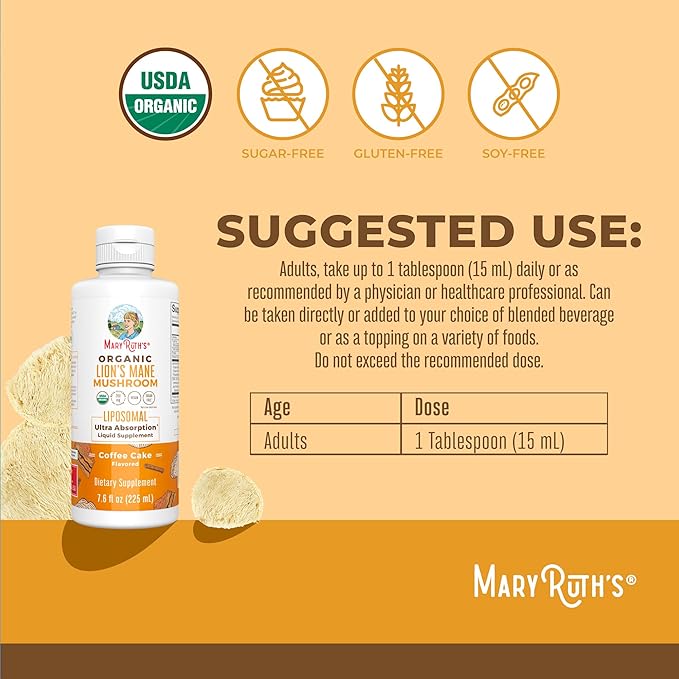 MARYRUTH'S Organics Lions Mane Supplement | Ultra Absorption Liposomal | Full Spectrum Lion's Mane Mushroom | 200mg Beta-Glucans Per Serving | USDA Organic | Vegan | 7.6 oz | 15 Servings