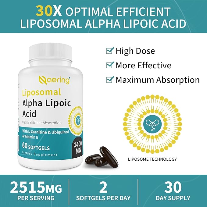 Liposomal Alpha Lipoic Acid 1400mg Softgels, ALA Supplement with L-Carnitine 1000mg, Ubiquinol (Active CoQ10) 100mg and Vitamin E 10mg for Antioxidants, Nerve & Energy, 120 Softgels