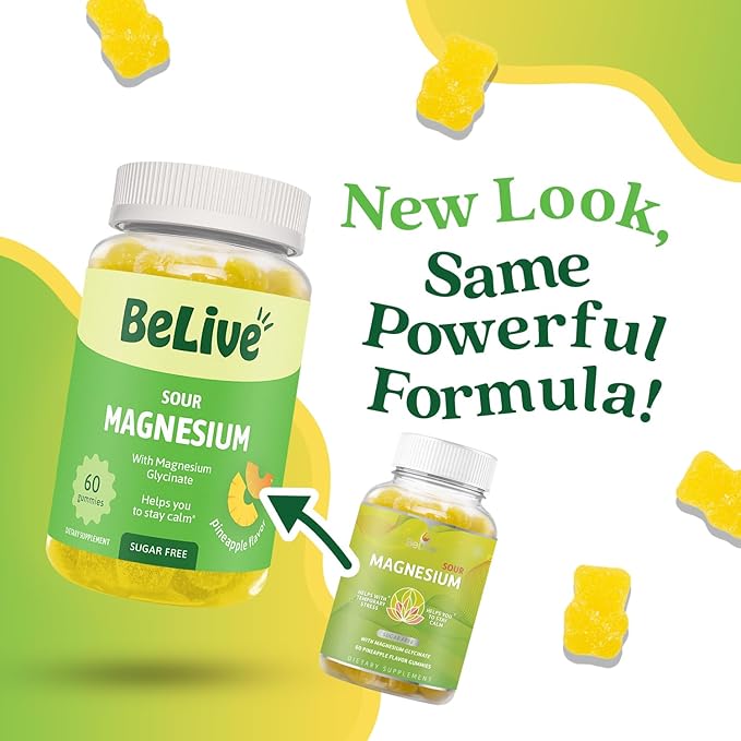BeLive Magnesium Glycinate Gummies 200 mg - Sugar Free Supplement for Muscle Relaxation, Sleep Support, & Heart Health for Adults & Kids - Pineapple Flavor - 60 Count