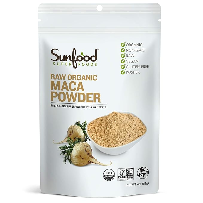 Sunfood Organic Maca Powder - Maca Root Powder, Maca Powder Organic, Maca Supplement for Men & Women with Adaptogens, Peruvian, Raw, Vegan, Premium Maca Powder - 4 Oz Bag