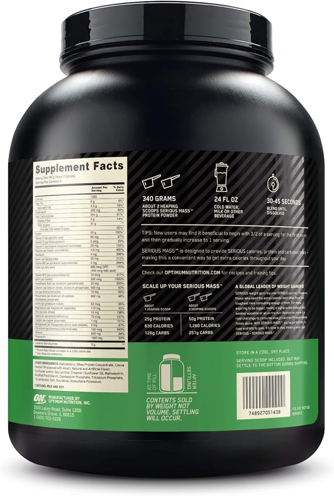 Optimum Nutrition Serious Mass, Weight Gainer Protein Powder, Mass Gainer, Vitamin C and Zinc for Immune Support, Creatine, Chocolate Peanut Butter, 6 Pound (Packaging May Vary)