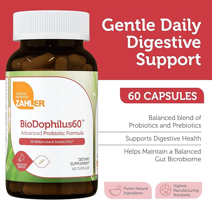 Zahler BioDophilus60, 60 Billion CFU Probiotic + Prebiotic - 11 Strains Daily Probiotic Supplement - Kosher Probiotics for Women for Digestive Health, Probiotics for Men for Gut Health (60 Capsules)