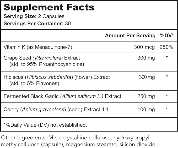 Vaso Calm - Healthy Blood Balance Supplement - Features Fermented Garlic, Celery and Grape Seed Extract, Hibiscus, and Vitamin K2 - Made in the USA, 60 Capsules