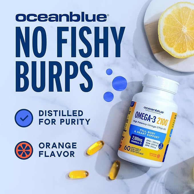 Oceanblue Professional Omega-3 2100mg Fish Oil Supplement Triple Strength, High Potency EPA, DHA & DPA Burpless, Wild-Caught, Natural Orange Flavor 120 Count Softgels (Pack of 2)