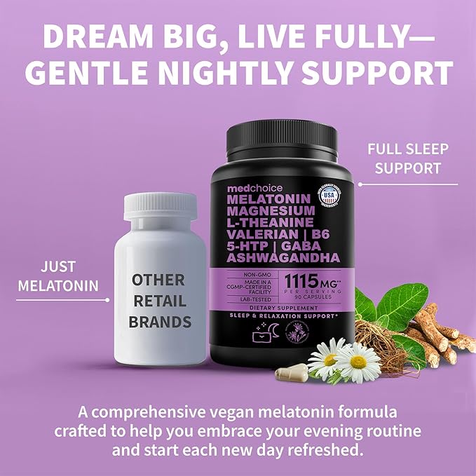 12-in-1 Melatonin Sleep Capsules - Natural Sleep Aids for Adults with Melatonin 5mg and Magnesium Glycinate 500mg, Sleep Aid with Ashwagandha, L Theanine, Valerian Root, GABA, 5-HTP (90ct, Pack of 3)