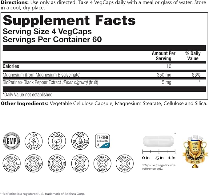 Solaray Magnesium Glycinate, New & Improved Fully Chelated Bisglycinate with BioPerine, High Absorption Formula, Stress, Bones, Muscle & Relaxation Support, 60 Day Guarantee, 60 Servings, 240 VegCaps