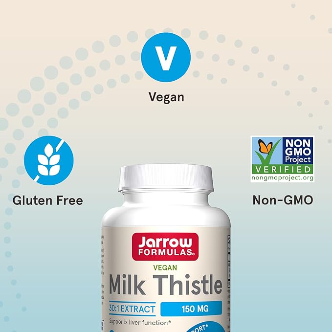 Jarrow Formulas Milk Thistle Supplement 150 mg 30:1 Milk Thistle Extract Standardized to 80% Total Flavonoids,Dietary Supplement for Liver Function Support, 200 Veggie Capsules for 200 Day,(Pack of 2)