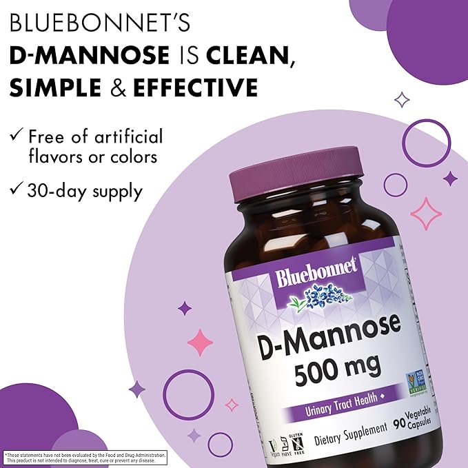 BlueBonnet Nutrition D-Mannose 500 mg – Fast Acting Urinary Tract Support for Men & Women* - Non-GMO, Vegan, Kosher, Gluten-Free - 90 Vegetable Capsules, 30 Servings