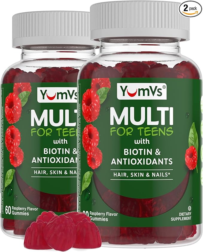 YumVs Teen Multivitamin Gummies with Biotin and Antioxidants - Raspberry Flavor - Hair Skin Nails Support - Kosher Teenager Vitamins for Boys and Girls 12-17 (60 Count (Pack of 2))
