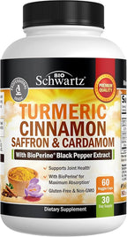 Turmeric Supplement with Saffron, Cinnamon and Cardamom Plus BioPerine Black Pepper Extract for Optimal Absorption, Natural Tumeric Curcumin Joint Support Supplement for Women and Men, 60 Capsules