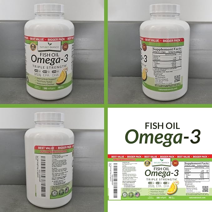 Triple Strength Omega 3 Fish Oil Supplements 2400mg | 180 Capsules, Burpless High Potency Lemon Flavor, High EPA DHA for Men & Women Ultra Pure Softgels | Joint Support, Eyes, Heart Brain Health Pills