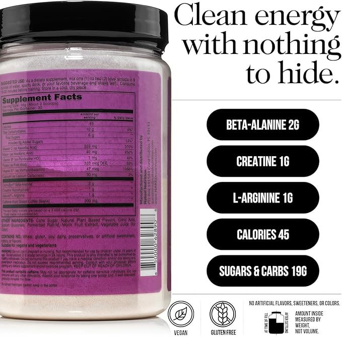 NAKED Fruit Punch Energy - Clean Pre Workout Supplement for Men and Women, NSF Certified, Vegan Friendly, No Added Sweeteners, Colors Or Flavors - 30 Servings