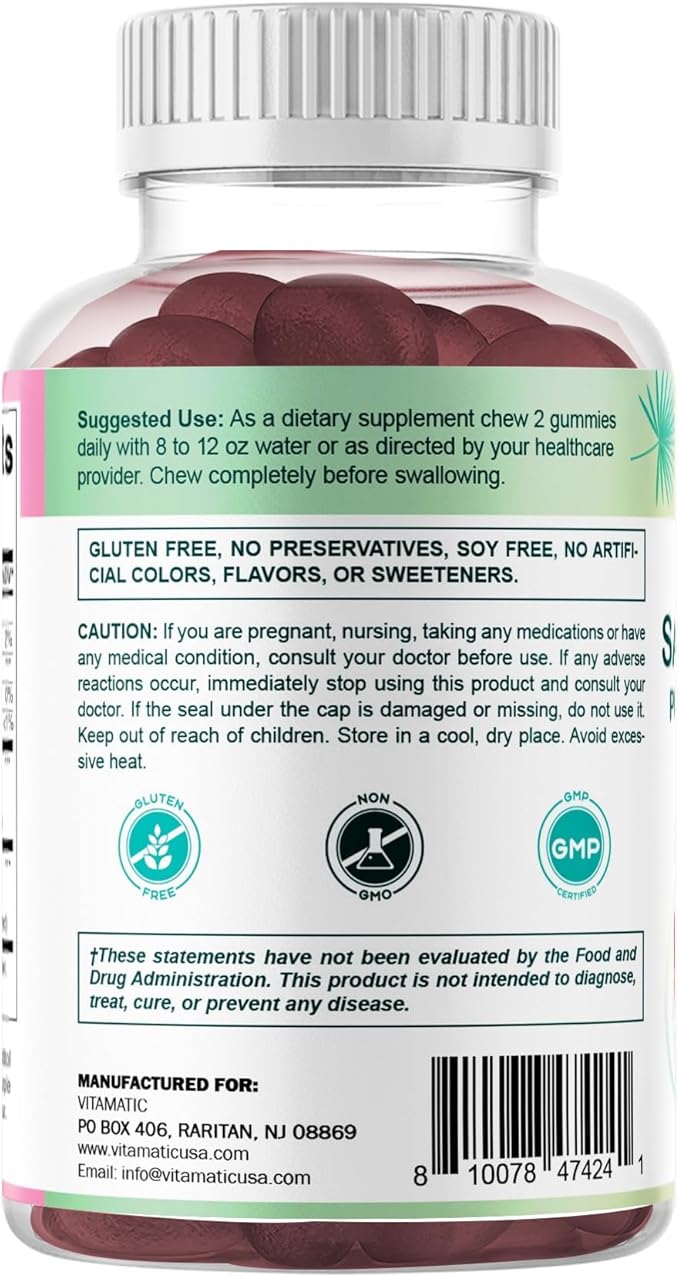 Vitamatic Saw Palmetto & Pumpkin Seed Gummies – Sugar-Free Botanical Extract – Natural Raspberry Flavor – Vegan, Non-GMO, Plant-Based Gummies – 60 Count